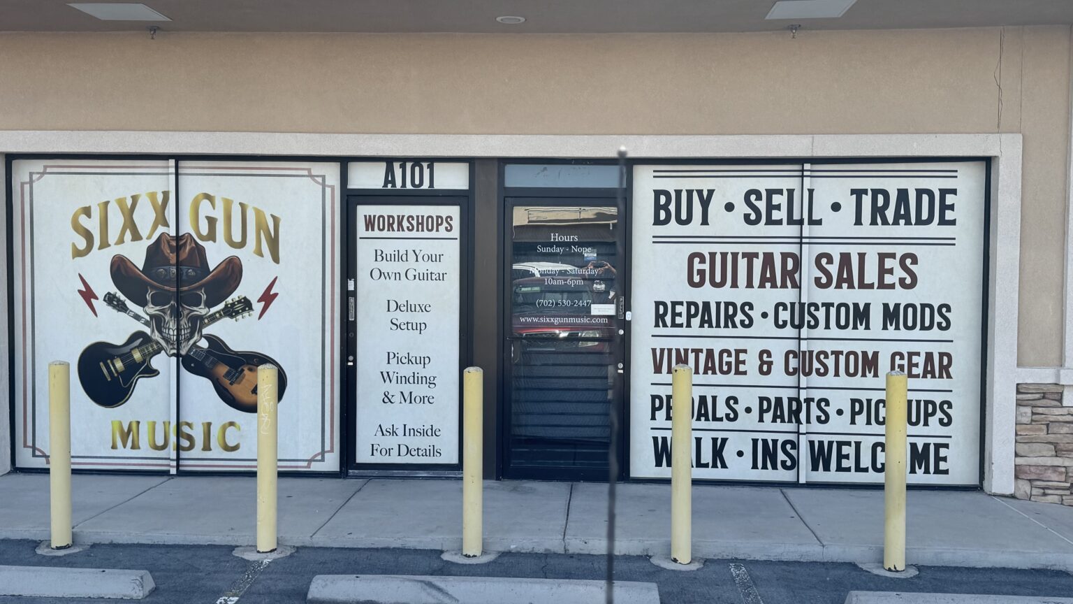 The Sixx Gun Music storefront on East Sunset Road