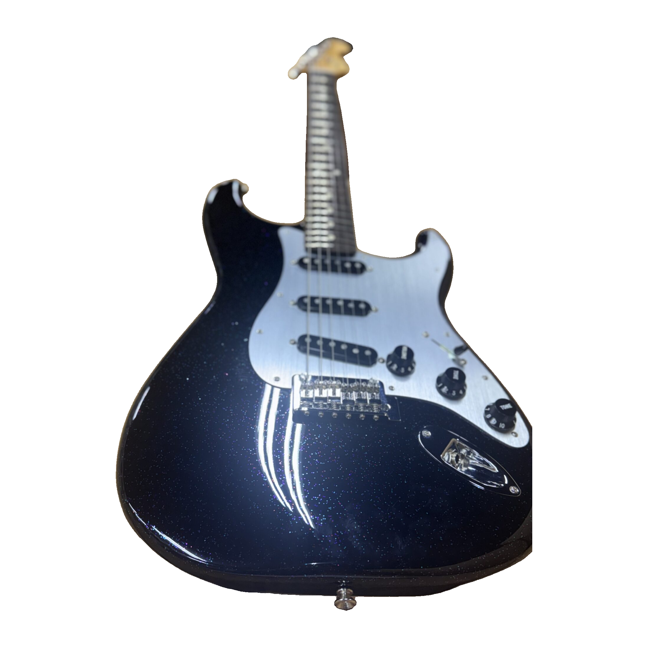 Preowned Fender 70th Anniversary Player Stratocaster in Nebula Noir, original angled front photo on a white background.